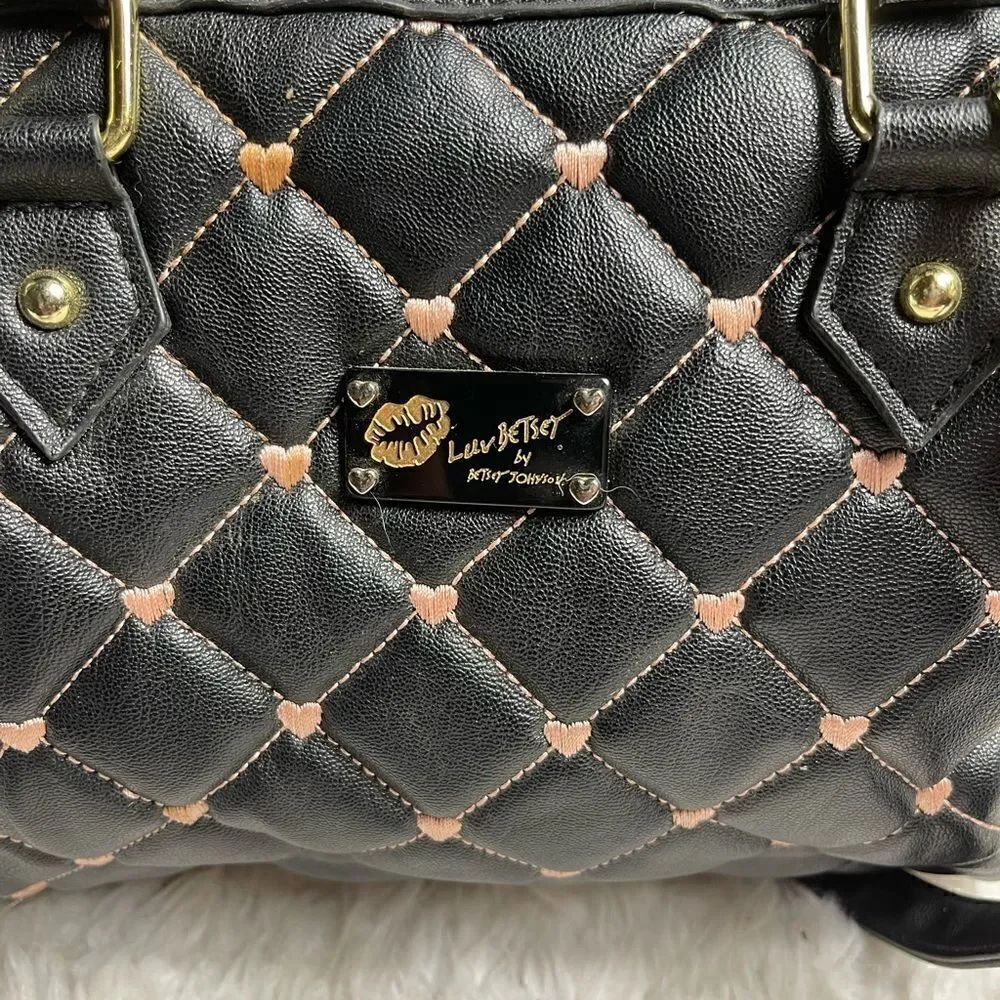 Betsey Johnson small quilted black Boston bag with pink heart embroidery